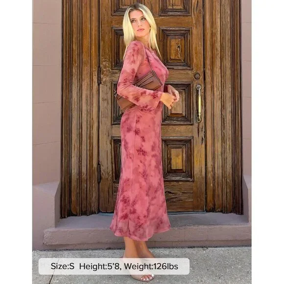 Zesica Women's Tie Dye Pink Ruched Mesh Long Sleeve Floral Bodycon Dress - Picture 6 of 6